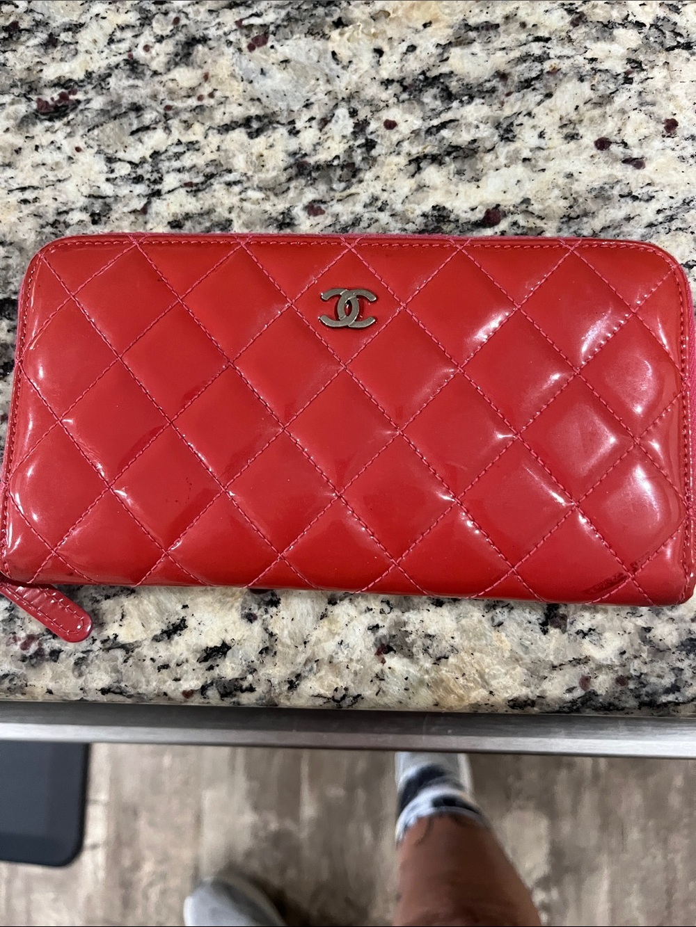 CHANEL Quilted Patent Leather Zip Wallet in Red with Silver CC